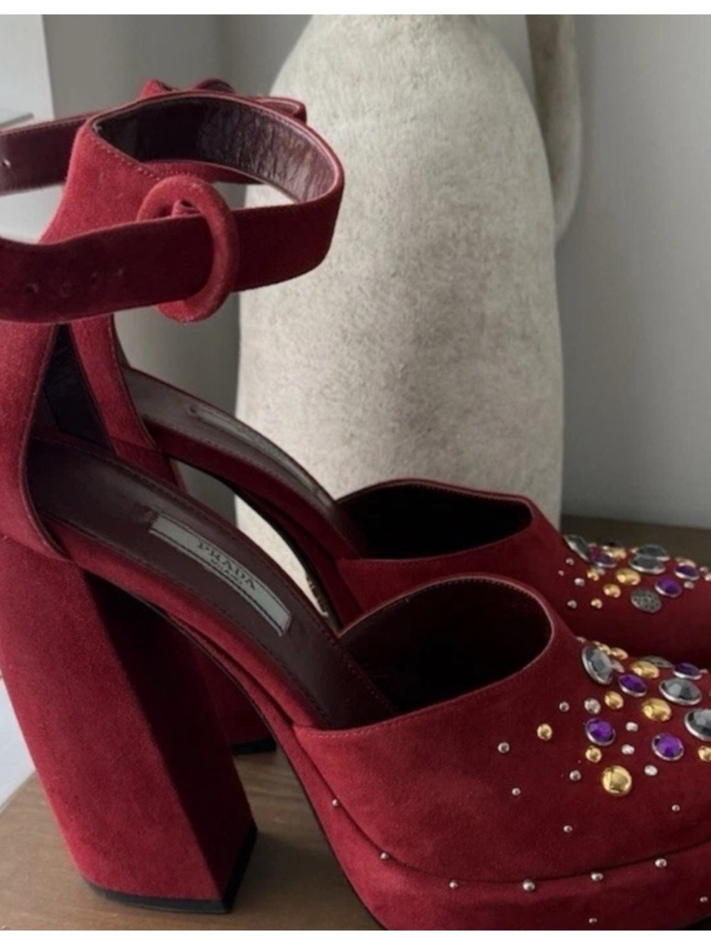 Prada Burgundy Suede Gem-Embellished Mules - Picture 2 of 5
